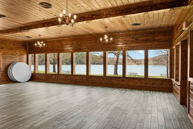 Main hall with lake view windows